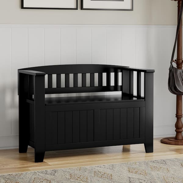 Simpli Home Acadian Black Wide Small Entryway Storage Bench 36 in.