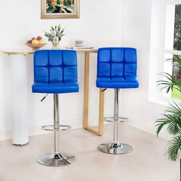 MAYKOOSH Blue High Back Metal Frame Adjustable Cushioned Bar Stool with Fabric seat, Swivel Bar Leather Stools (Set of 2)