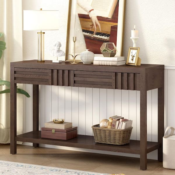 Harper & Bright Designs 51.3 in Brown Rectangle Wood Console Table with 2 Striped Drawers