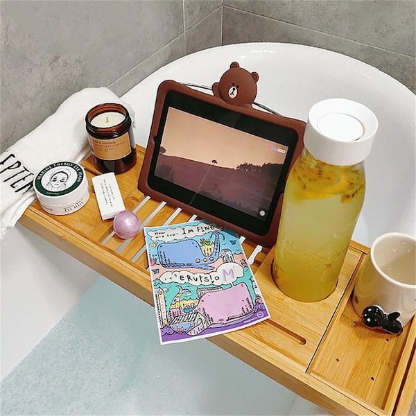 Pristine Bamboo Bathtub Caddy Tray with 12-in-1 Features| Over The Tub Organizer