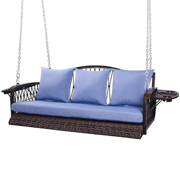 3-Person Brown Wicker Porch Swing with Blue Cushions, Cotton Rope Design Back