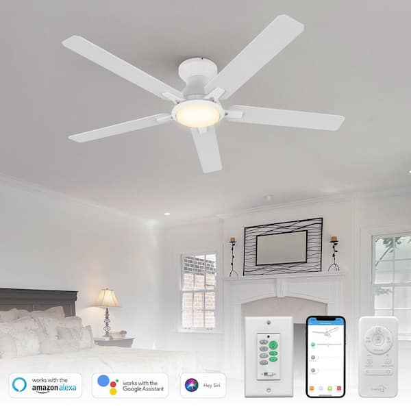 52 in. Smart Indoor/Outdoor White Dimmable LED Standard Ceiling Fan with Remote Control, Wall Control, 10-Speed DC Motor