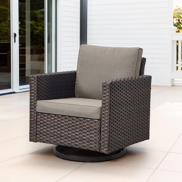 Opohoro U-Weave Metal and Brown Wicker Outdoor Rocking Chair Patio Swivel Chairs with Olefin Gray Cushions