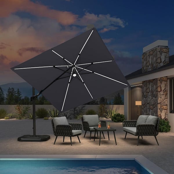 10 ft. Square Cantilever Umbrella Solar Powered LED Swivel Aluminum Offset 360° Rotation Patio Umbrella in Light Gray