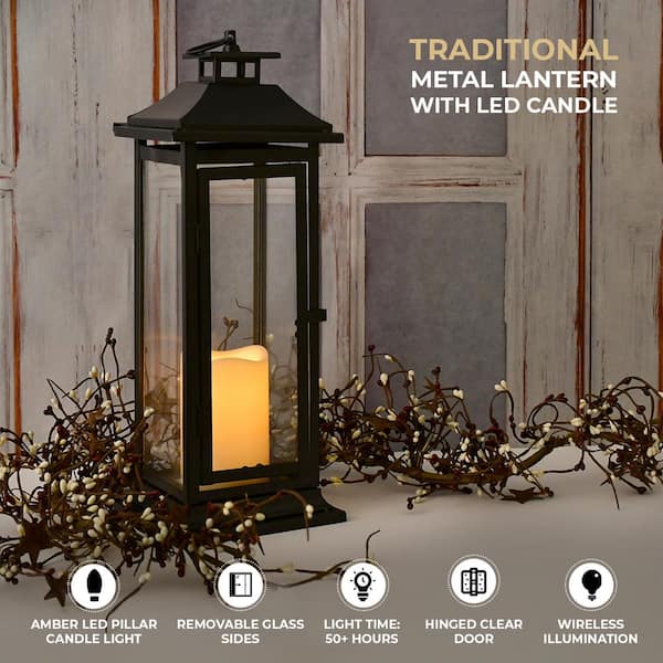 Battery-Operated Metal Lantern with LED Candle - 17 Black Window