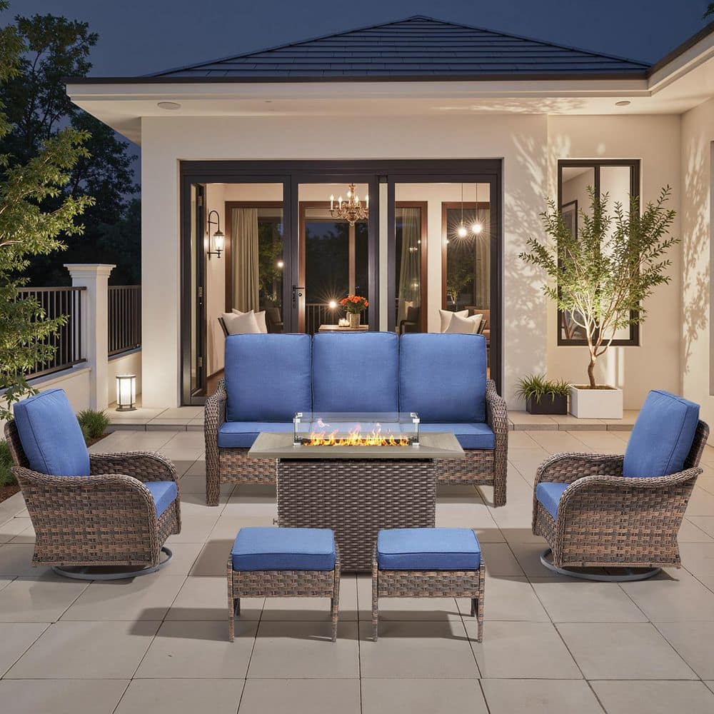 RoundEase 6-Piece Brown Wicker Fire Pit Conversation Set with Olefin Bule Cushions and Curved Arm Swivel Glider Chairs price history on PriceWatchPro