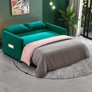57.1 in. Wide Green Flared Arm Velvet Straight Twin Size Sofa Bed with Pull Out Sleeper