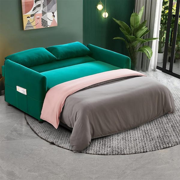 Seafuloy 57.1 in. Wide Green Flared Arm Velvet Straight Twin Size Sofa Bed with Pull Out Sleeper