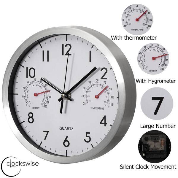 CLOCKSWISE 14 in. Non-Ticking Silver Wall Clock with Thermometer