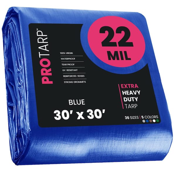 PROTARP 30 ft. x 30 ft. Blue 22 Mil Heavy Duty Polyethylene Tarp, Waterproof, UV Resistant, Rip and Tear Proof