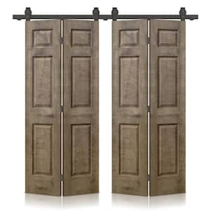 48 in. x 84 in. Brown Stain 6-Panel MDF Hollow Core Composite Double Bi-Fold Barn Doors with Sliding Hardware Kit