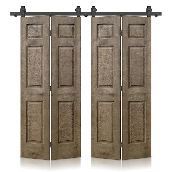 CALHOME 72 in. x 84 in. Hollow Core Vintage Brown Stain 6 Panel MDF Double Bi-Fold Barn Door with Sliding Hardware Kit