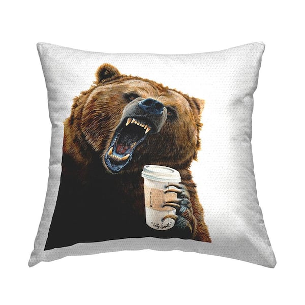 Stupell Industries Grizzly Bear with Coffee Cup Brown Square Outdoor Throw Pillow