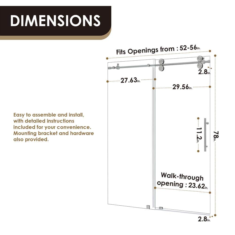 Lazaro 56" x 78" Nickel Frameless Sliding Shower Door