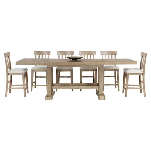 Steve Silver Napa Weathered Sand Brown Wood 72 in. Counter Height Dining Set 7-Pieces with 6 Cushioned Side Chairs and 2 Leaves
