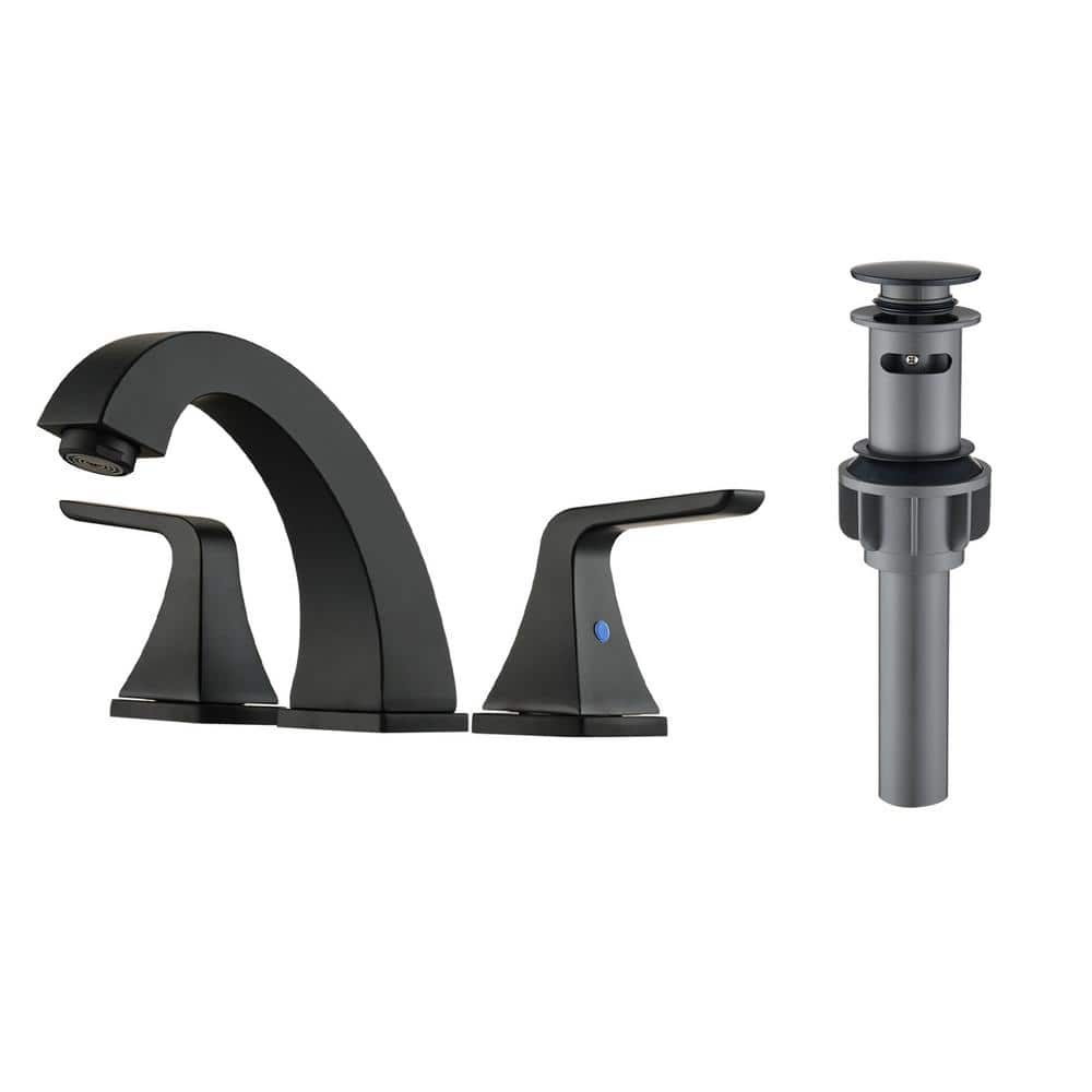 Modern 8 in. Widespread Double Handle 360° Swivel Spout Bathroom Faucet with Drain Kit Included in Matte Black -  UPIKER, UP2301SFB0013