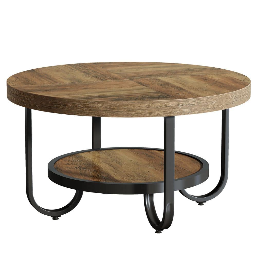 Allan 31.1 in. Brown Round MDF Coffee Table with 2-Tier Design