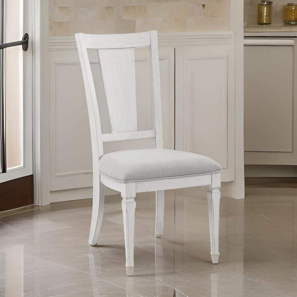 Weathered White/Light Gray Fabric Upholstered Wood Frame Dining Chair, Set of 2, Sturdy Dining Chair for Dining Rooms