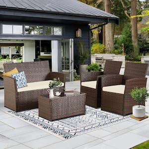 4-Piece Outdoor Patio Wicker Furniture Sectional Sofa set with Beige Cushions and Glass Coffee Table