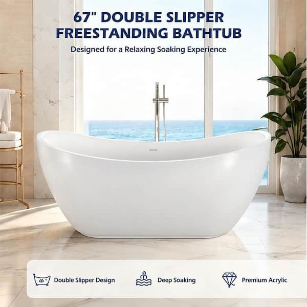 67 in. Double Slipper Acrylic Freestanding Flatbottom Bathtub with Polished Chrome Drain Soaking Tub in White