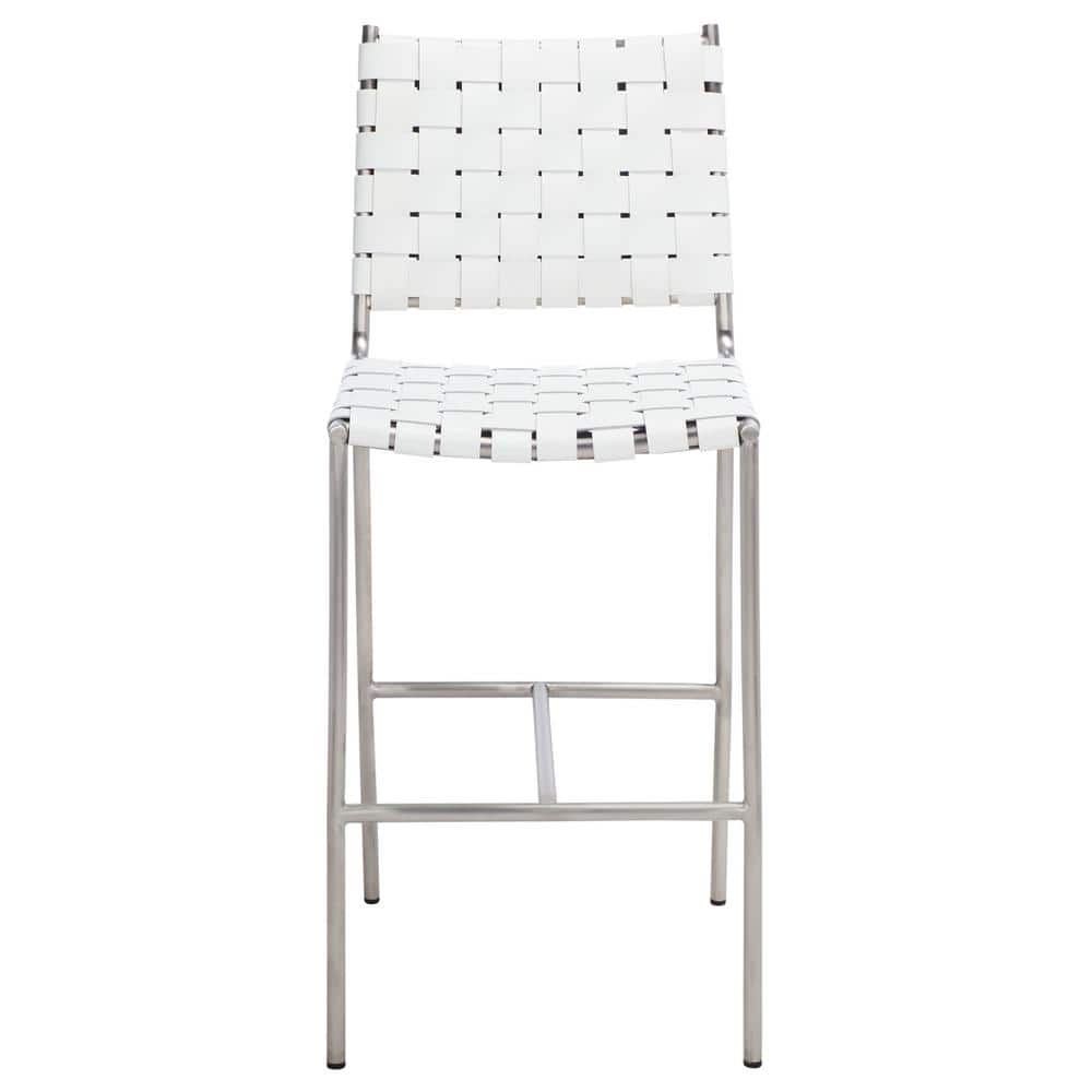 Olenna 41" White Leather and Silver Metal Saddle Counter Stool