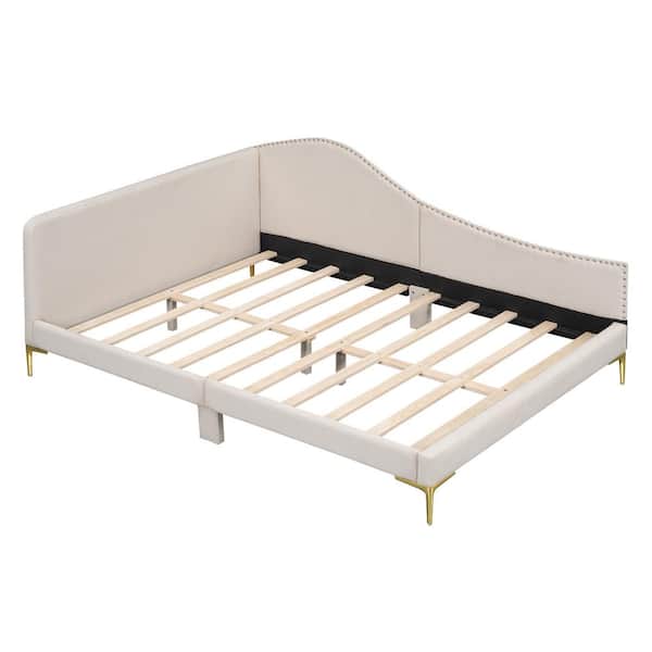Beige Full Size Upholstered Daybed with Headboard and Armrest