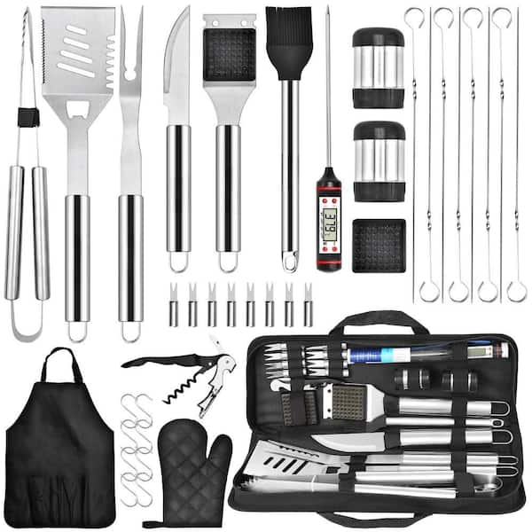 30-Piece Stainless Steel Grill Set BBQ Grill Accessories for Outdoor Grill with Meat Thermometer, Case and Apron, Black