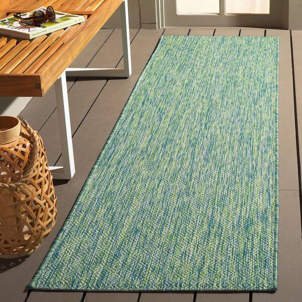 Courtyard Green/Blue 2 ft. x 10 ft. Solid Color Distressed Indoor/Outdoor Runner Rug