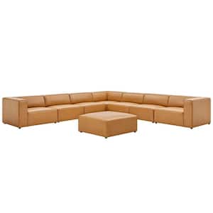 Mingle 8-Piece Tan Faux Leather L-Shaped Reversible Sectional Sofa with Elegant Trim Piping