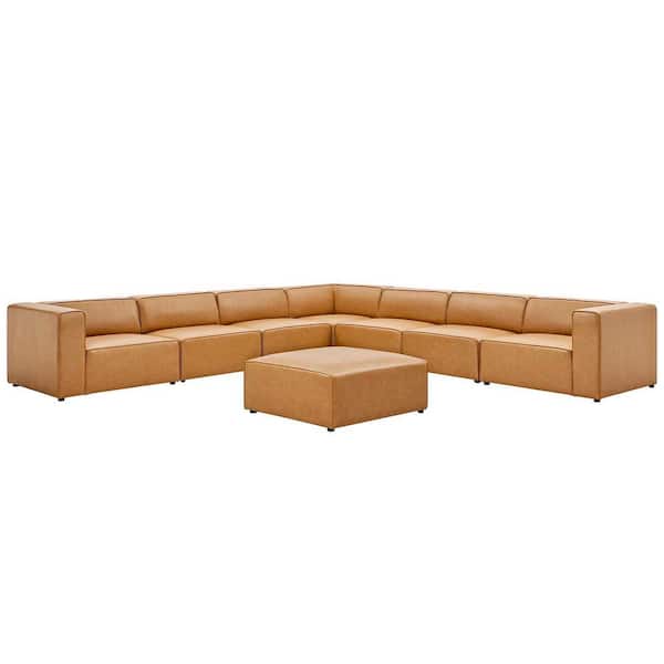MODWAY Mingle 8-Piece Tan Faux Leather L-Shaped Reversible Sectional Sofa with Elegant Trim Piping