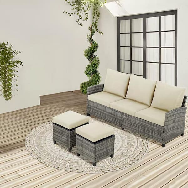 3-Piece Gray Wicker Outdoor Dining Chair Patio Bistro Set with Beige Cushions, 3-Seater Chair and 2-Ottomans