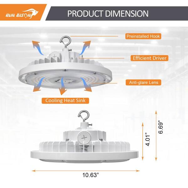 RUN BISON 8-Pack 10.6 in. White 450-Watt Equivalent Integrated LED UFO High Bay Light Fixture, 5000K 21750Lumens, 0-10V Dimmable