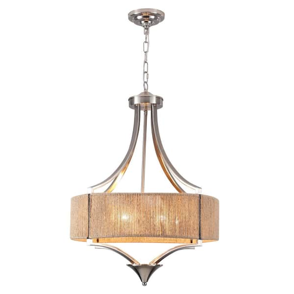 6-Light 19.7 in. Nickel Boho Farmhouse Drum Chandelier with Hand-Woven Hemp Rope Shade for Living Room Bedroom Entryway