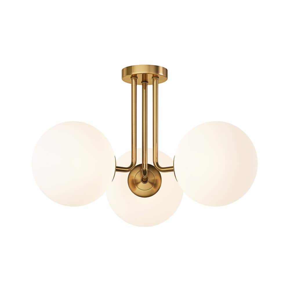 Modern 23.62 in. 3-Light Brass Gold Semi-Flush Mount Ceiling Light with Glo