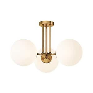 Modern 23.62 in. 3-Light Brass Gold Semi-Flush Mount Ceiling Light with Globe White Glass Shade