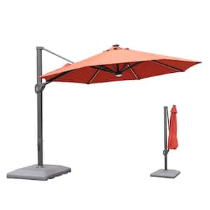 11 ft. Octagon Solar LED Cantilever Offset Outdoor Patio Umbrella with Waterproof and UV Resistant in Red