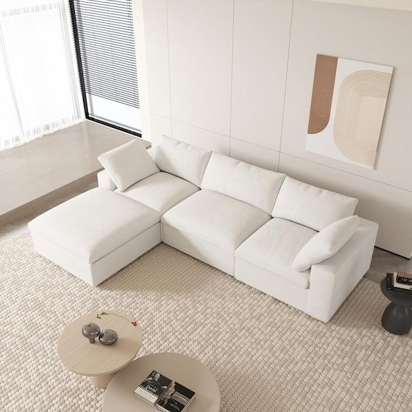 J&E Home 120.45 in. W Square Arm Linen L-Shaped 4-Pieces Modular Free Combination Sofa with Storage Ottoman in White
