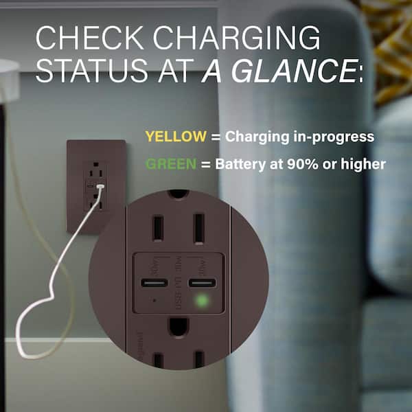 radiant 15 Amp 125-Volt Tamper-Resistant Duplex Outlet with Ultra-Fast 6A PLUS 30W Power Delivery USB C/C, Dark Bronze