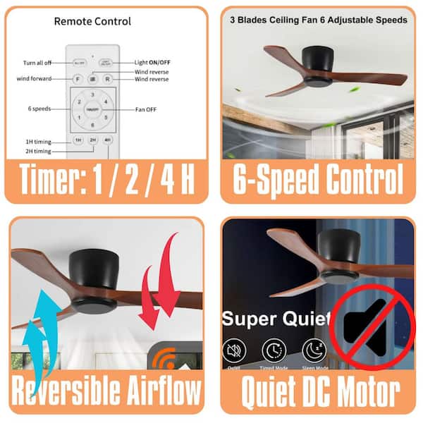 Breeze Series 42 in. Indoor Brown Ceiling Fan Low Profile Flush Mount 3-Blade with Remote Included
