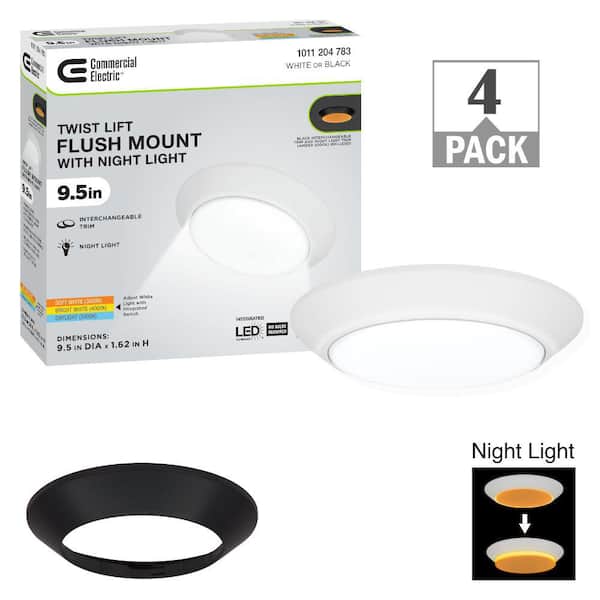 Commercial Electric 9.5 in. Twist Lift Round LED Flush Mount with Night Light and Extra Black Trim 1300 Lumens Adjustable CCT (4-Pack)