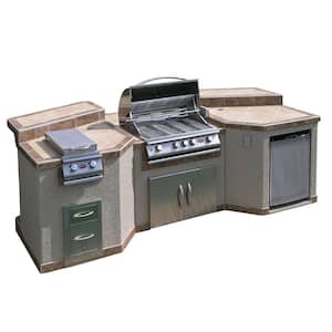 3-Piece Island with 4-Burner Propane Gas Grill Island and Rotisserie in Stainless Steel
