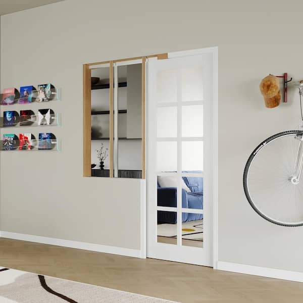 64 in. x 80 in. 10-Lite, Pre-Assembled Panel, Tempered Mirrored MDF, White Primed Pocket Door Frame with Hardware