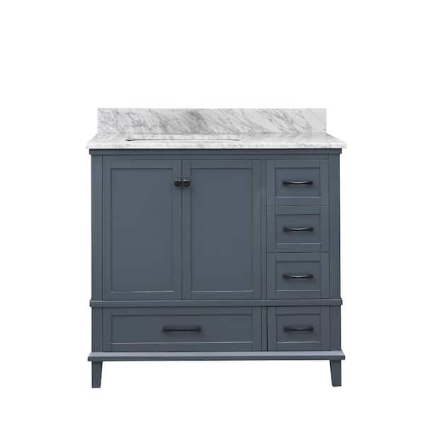 Merryfield 37 in. Single Sink Dark Blue-Grey Bath Vanity with White Carrara Marble Top (Assembled)