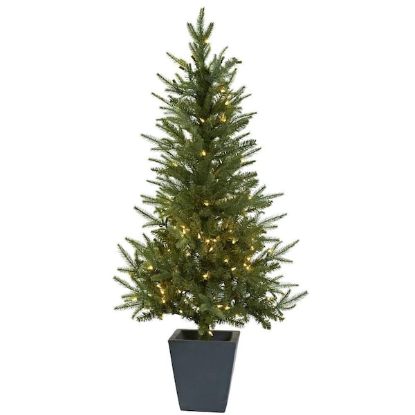 Nearly Natural 4.5 ft. Artificial Christmas Tree with Clear Lights and Decorative Planter