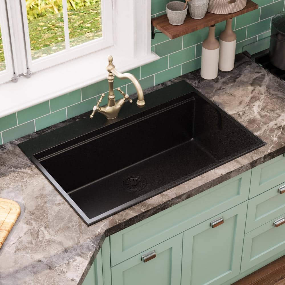33" Black Granite Composite Drop-In Single Bowl Kitchen Sink