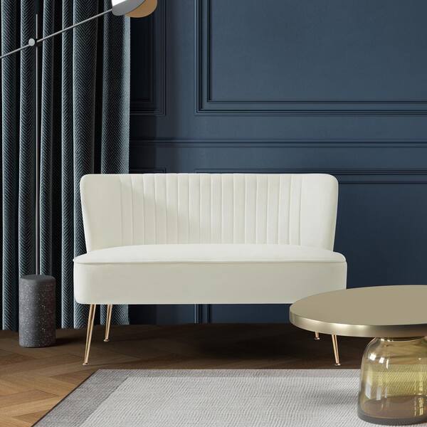 Farrah 46 in. Wide 2-Seater Velvet Upholstered Armless Wingback Loveseat Settee, Ivory