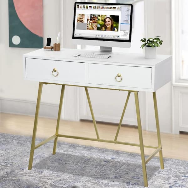 FOTOSOK White Computer Writing Desk with 2 Drawers, Modern Home Office Desk with 4 Oak Legs, Small Makeup Vanity Table Desk Console Study Table