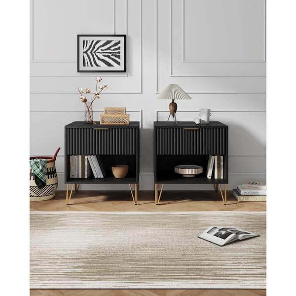 Manhattan Comfort DUMBO Modern Black 1-Drawer 20.07 in. W Nightstand with SNAP Tool-Free Assembly (Set of 2)
