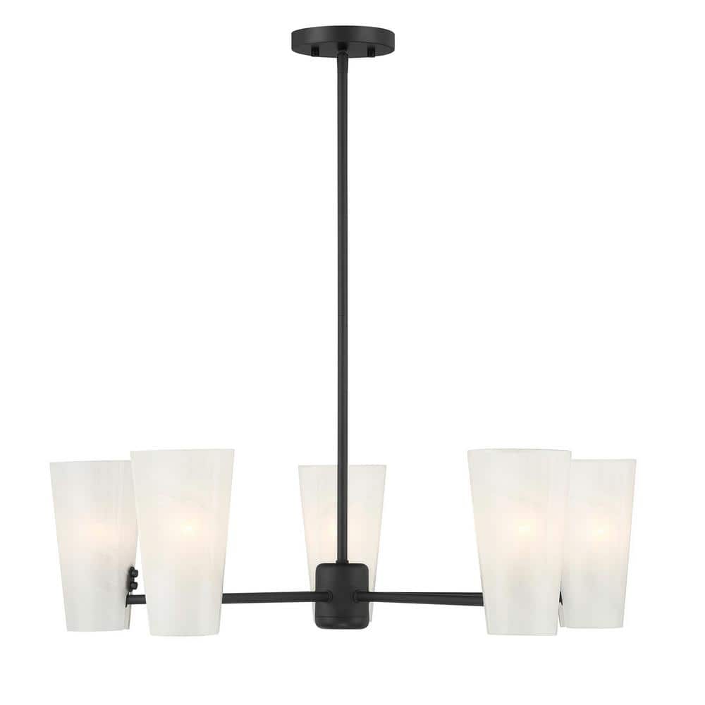 Meridian 30 in. W x 8.25 in. H 5-Light Matte Black Mid-Century Modern Chandelier with White Strie Glass Shades price history on PriceWatchPro