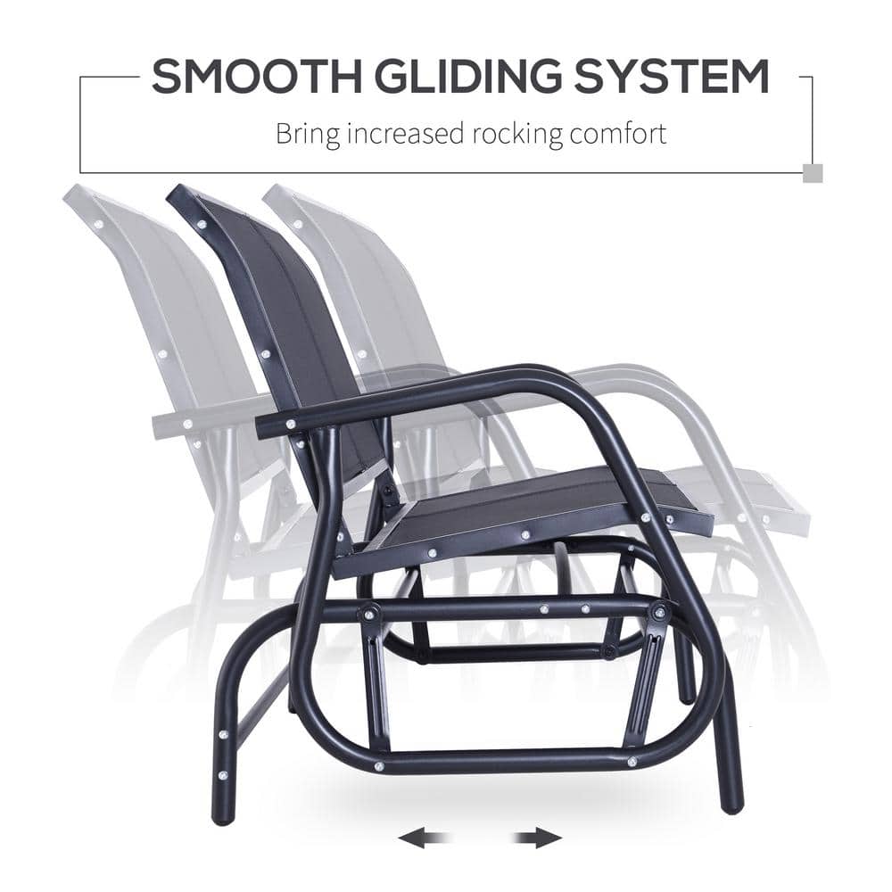 Black Steel Outdoor Glider Bench with Ergonomic Backrest